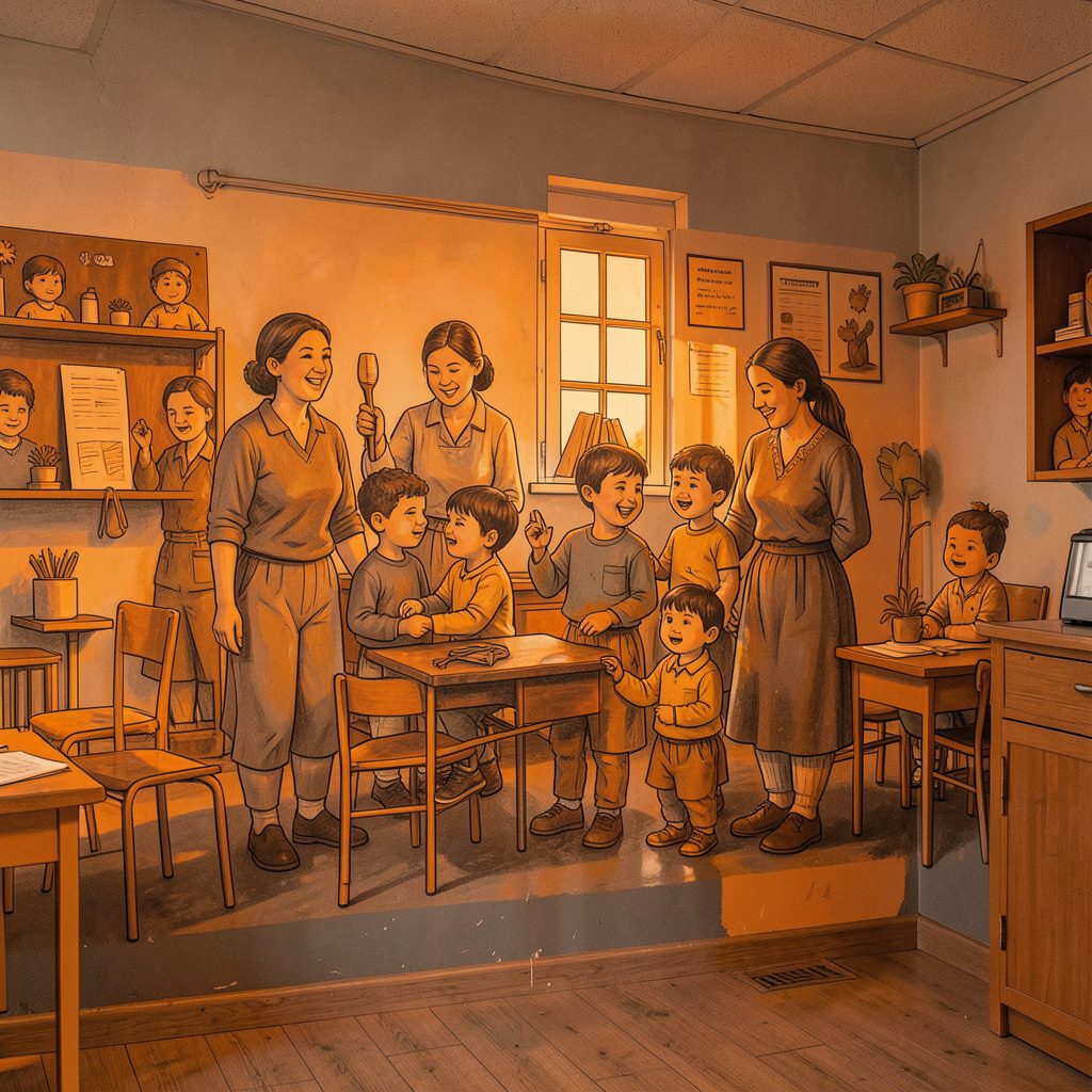Una parete dipinta con un murale colorato che raffigura mamme e bambini in un ambiente scolastico, toni caldi e accoglienti