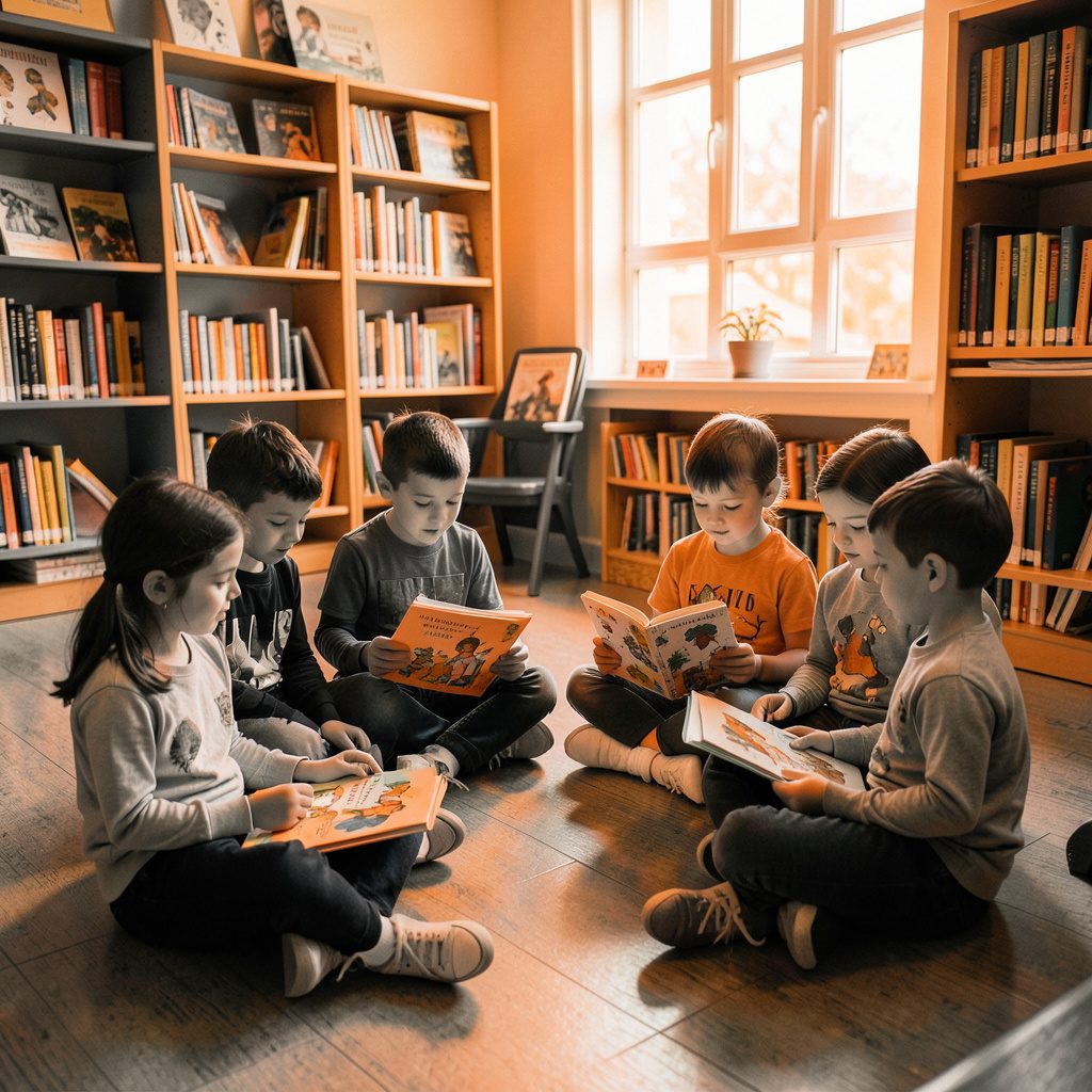Bambini seduti in cerchio in una biblioteca scolastica colorata, sfogliando libri illustrati, atmosfera luminosa e serena