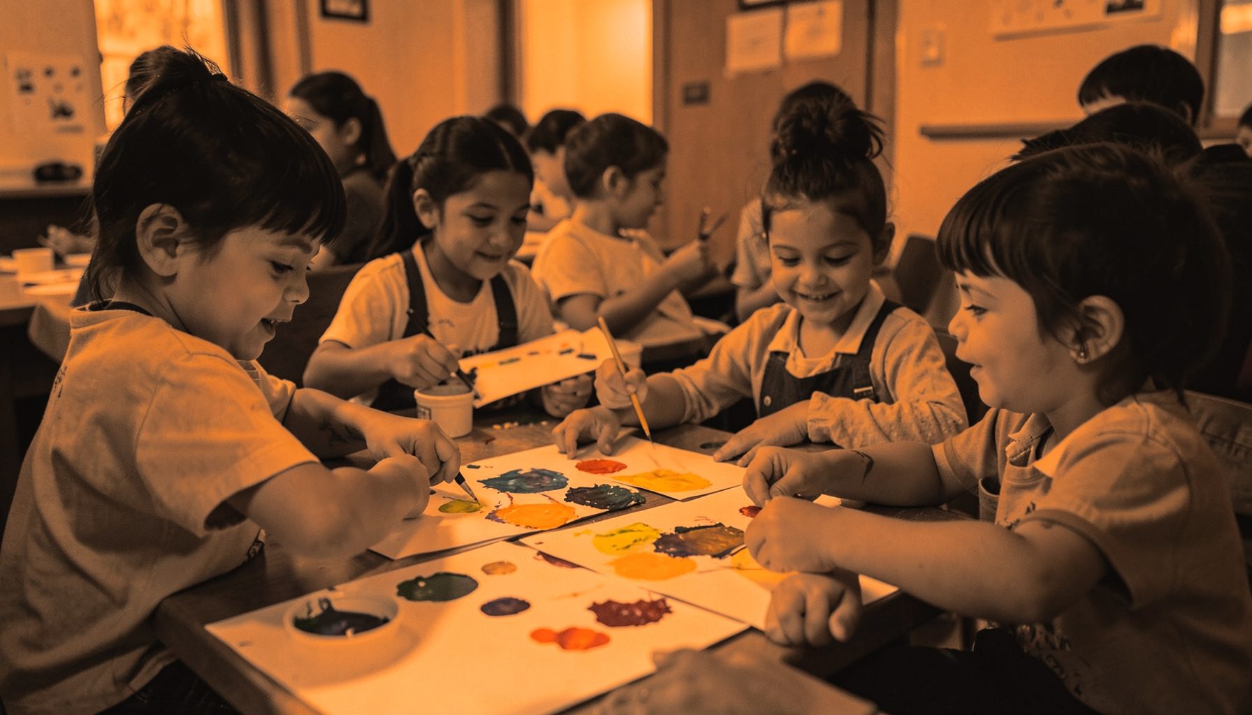 Bambini in una scuola elementare durante un laboratorio creativo, colori caldi e atmosfera gioiosa, mani che lavorano con carta e colori